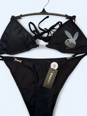 Playboy NWT Rhinestone Black Logo Bikini Set - Size M